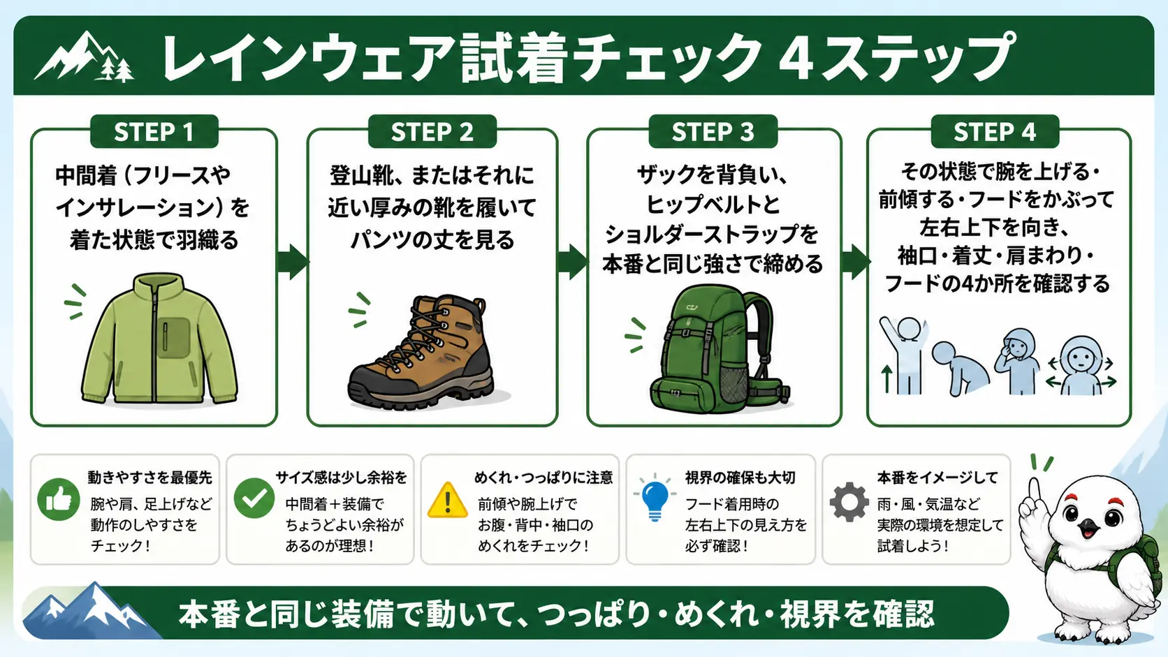 レインウェアの試着チェック手順を示す図。フリースなどの中間着を着て羽織る、登山靴を履いてパンツの丈を見る、ザックを背負ってヒップベルトとショルダーストラップを締める、その状態で腕を上げたり前傾したりフードをかぶって動きを確認する、という4つの手順を順番に並べている