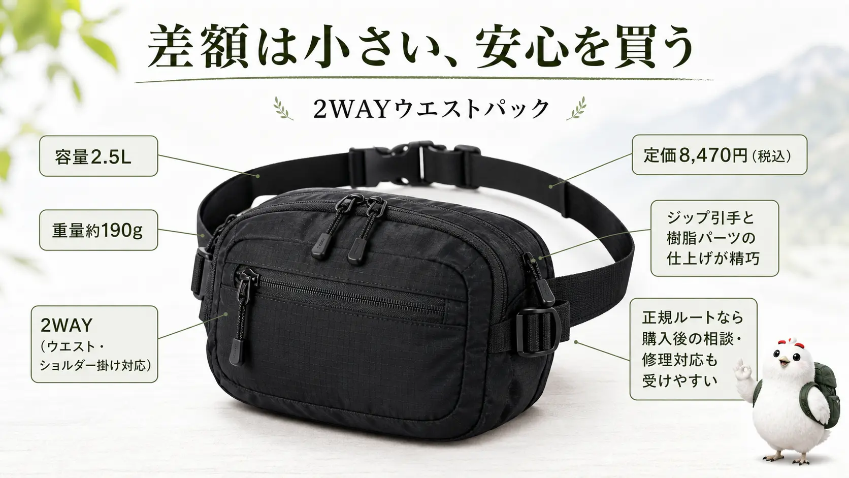 黒い2.5Lウエストパックの容量・重量・価格・2WAY対応などの特徴を並べた図
