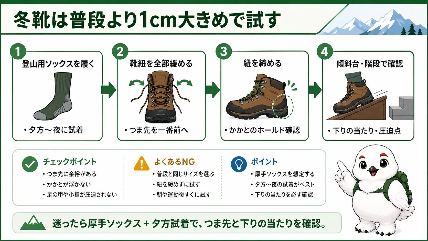 冬用登山靴を試着するときの手順を4ステップで示した図。夕方に試着、紐を緩めてつま先を突き当てる、紐を締めてかかとを確認、傾斜台で下りの当たりを確認、の順に並ぶ