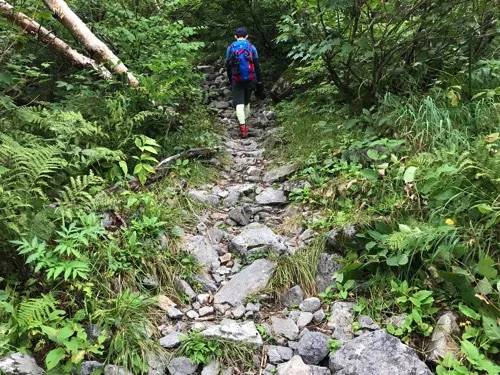 槍ヶ岳の槍平小屋から先に続く岩がちな登山道を登る登山者の後ろ姿