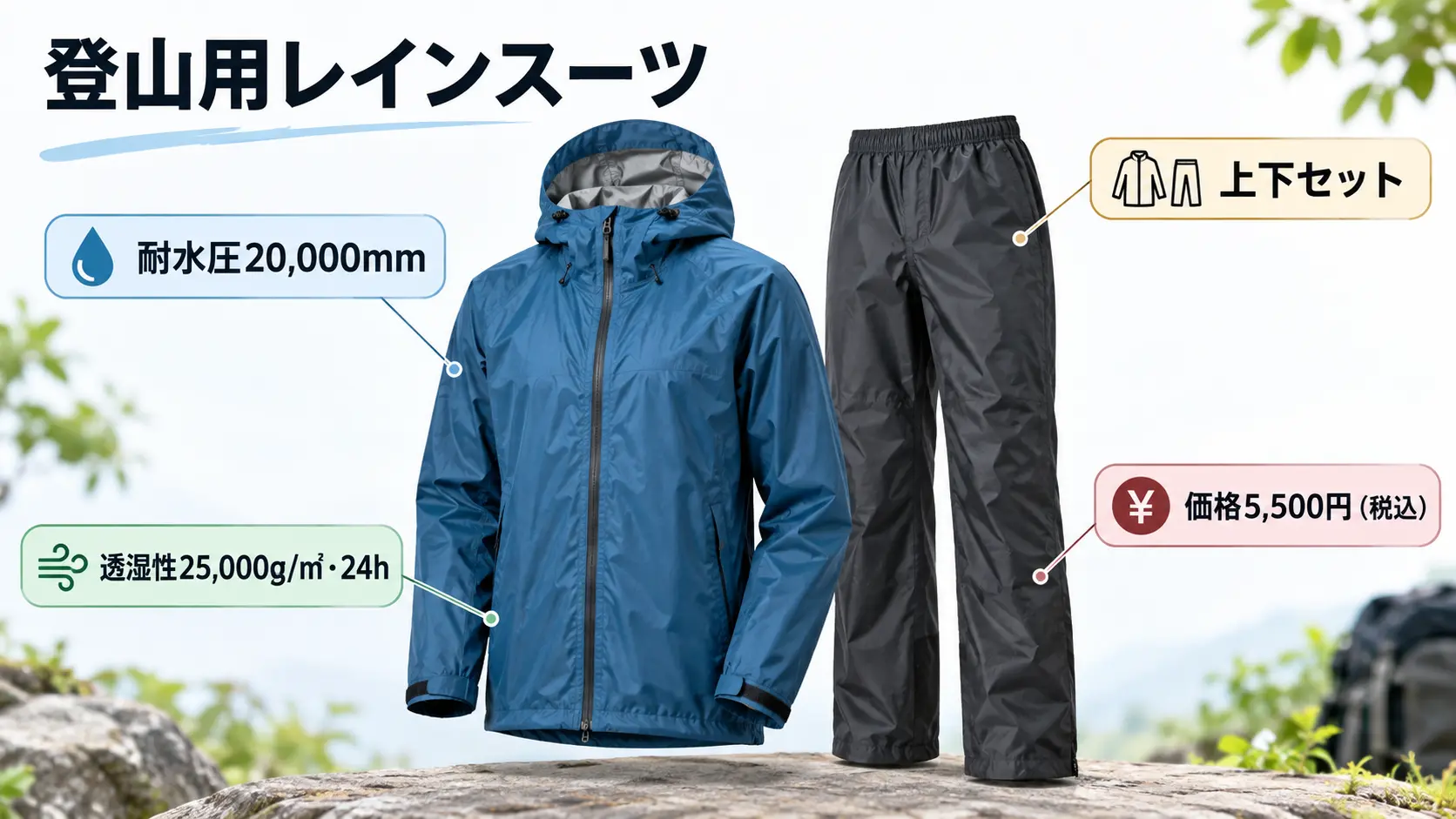 上下セットの登山用レインスーツを主役に、耐水圧20,000ミリメートル・透湿性25,000グラム毎平方メートル毎24時間・税込価格5,500円という数値を注釈した商品説明画像