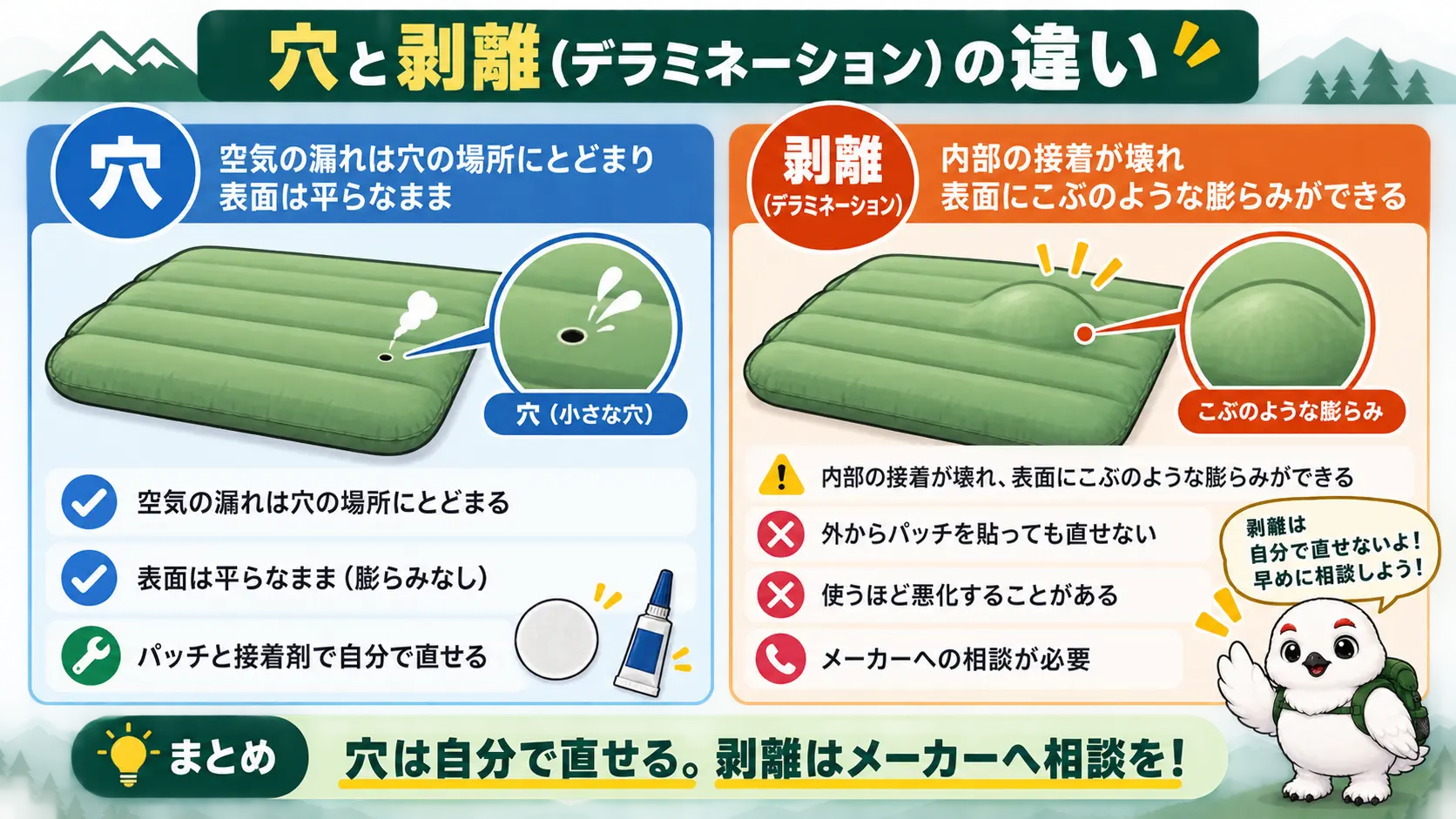 穴と剥離の違いを左右で比較した図。左は穴で漏れが穴の場所にとどまり表面は平らなままで自分でパッチを貼って直せること、右は剥離で表面にこぶのような膨らみができ外からは直せずメーカーへの相談が必要なことを示している