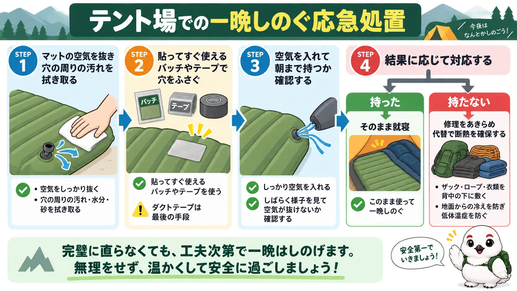 テント場での応急処置の手順を示した図。パッチやテープで穴を塞ぎ、朝まで空気が持つか確認し、持たない場合はザックや衣類で背中の断熱を確保するという分岐の流れになっている