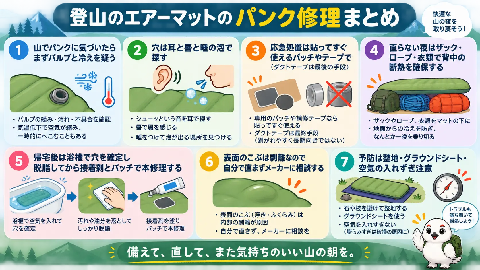 登山のエアーマットのパンク修理の要点を俯瞰した図。山では断熱を最優先にし帰宅後に接着剤とパッチで本修理すること、穴の探し方、応急処置、剥離の見分け方、予防のポイントが箇条書きでまとめられている
