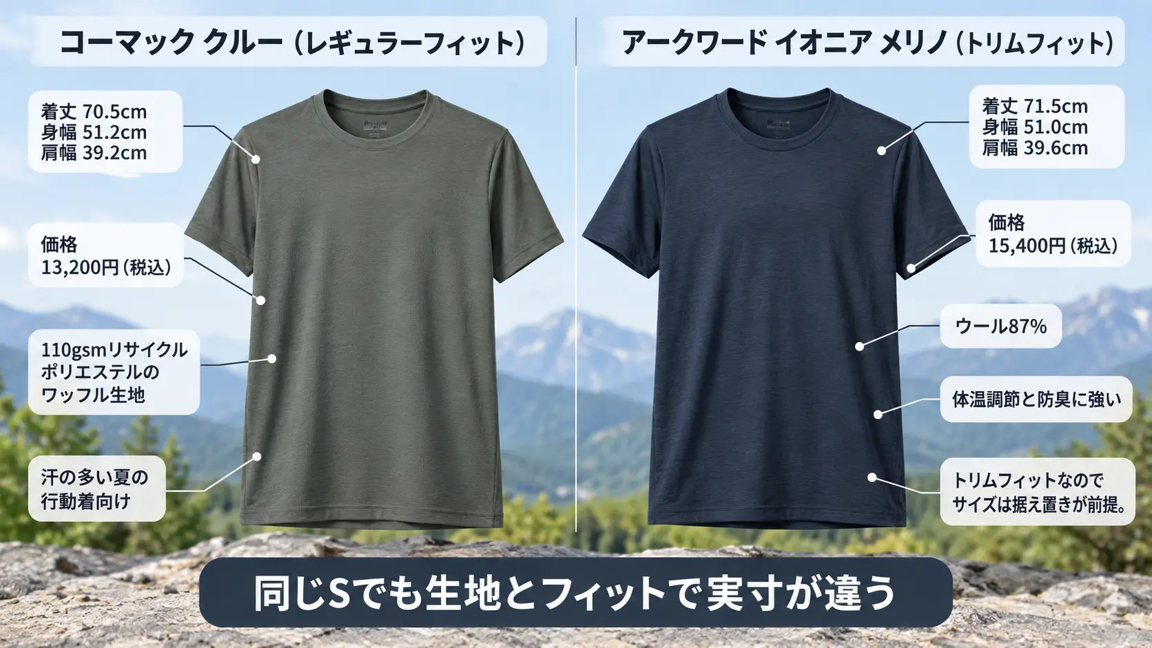 アークテリクスのコーマック クルーとアークワード イオニア メリノウールの2つのTシャツを並べ、着丈・身幅・肩幅の実寸と価格、フィット区分の違いを注釈で比較した商品説明イラスト