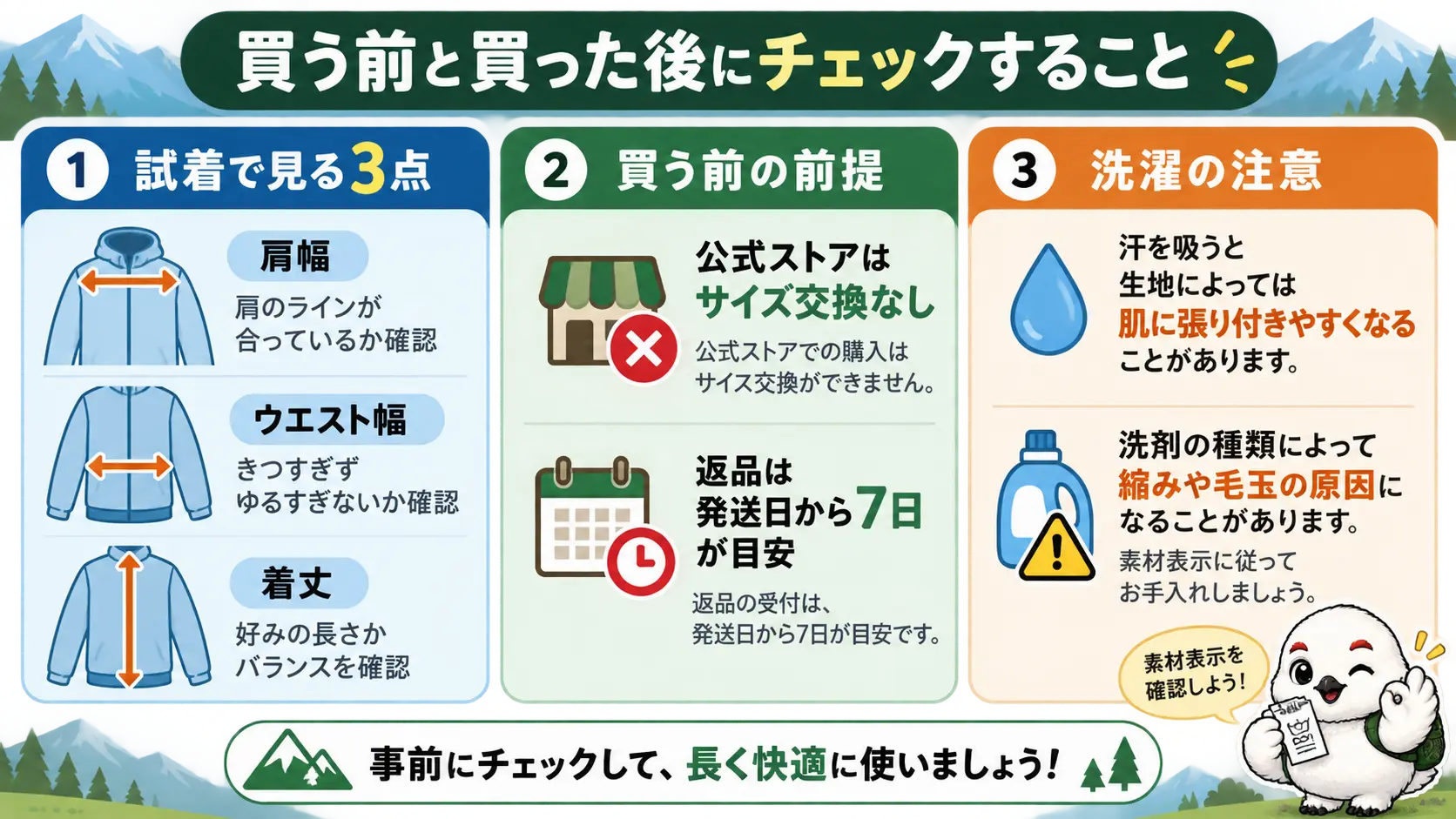 試着で確認する肩幅・ウエスト幅・着丈の3点、公式ストアの返品は発送日から7日が目安であること、洗濯で生地が張り付きやすくなる注意点をまとめたチェックリスト図