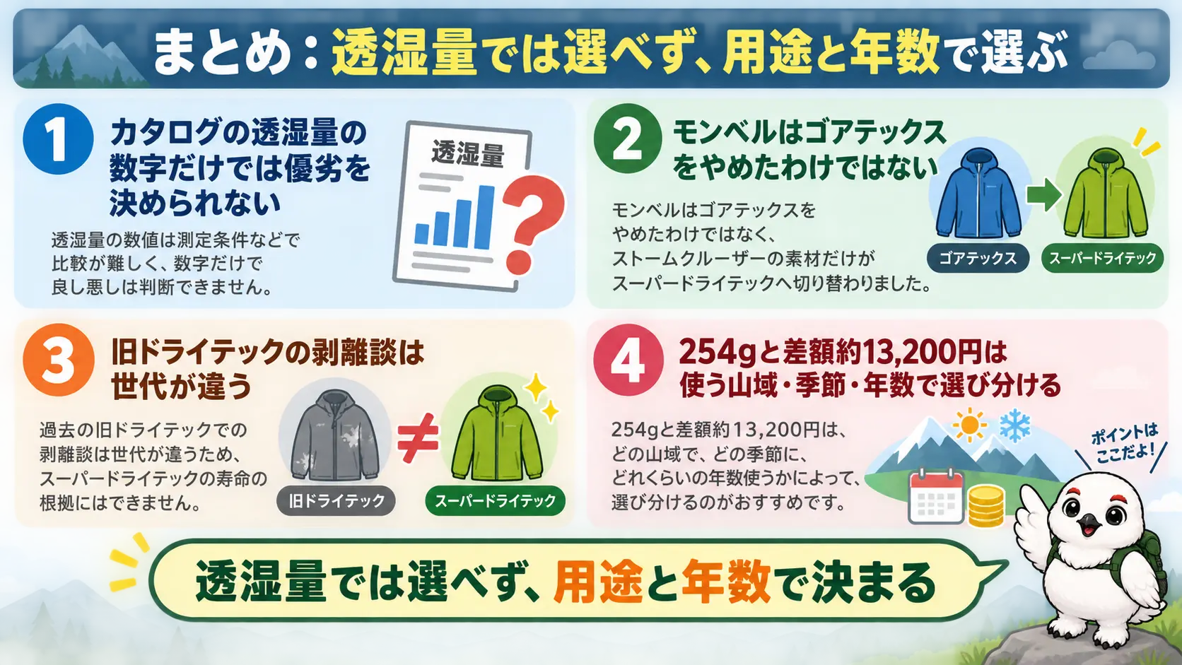 記事の結論=透湿量の数字だけで選ばず、用途と使う年数で選ぶという方針と4つの要点を1枚にまとめた図