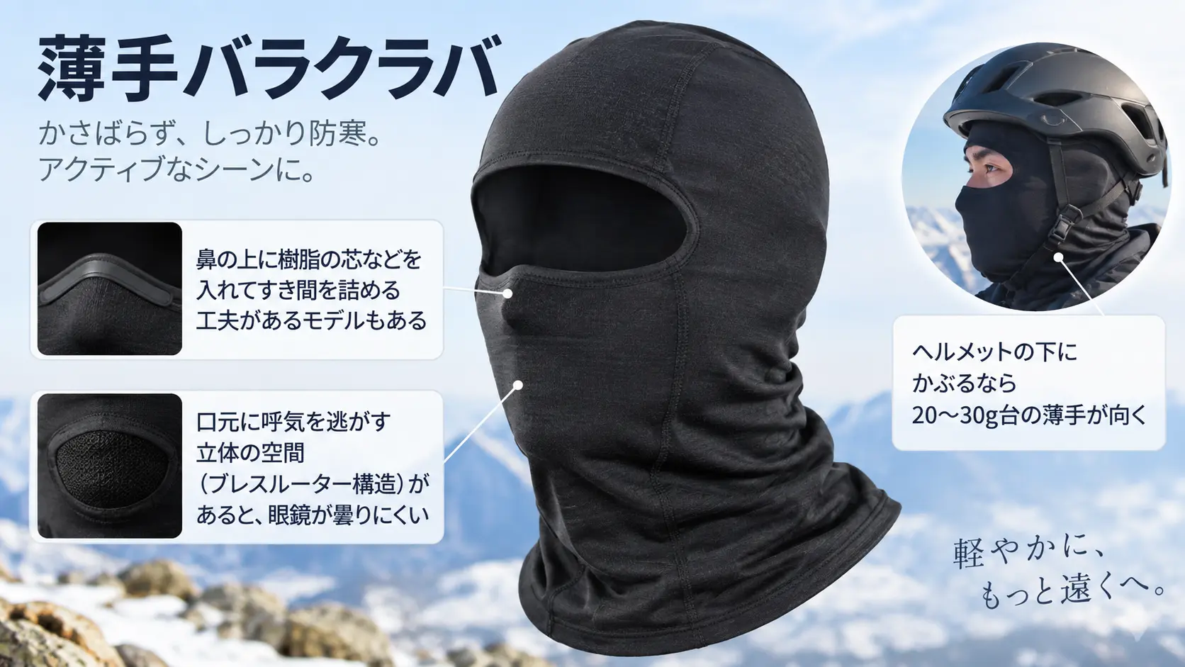 薄手のバラクラバの実物に、鼻上のすき間を防ぐ工夫や口元の呼気の逃げ道、ヘルメットの下は薄手を選ぶという注釈を添えた商品説明
