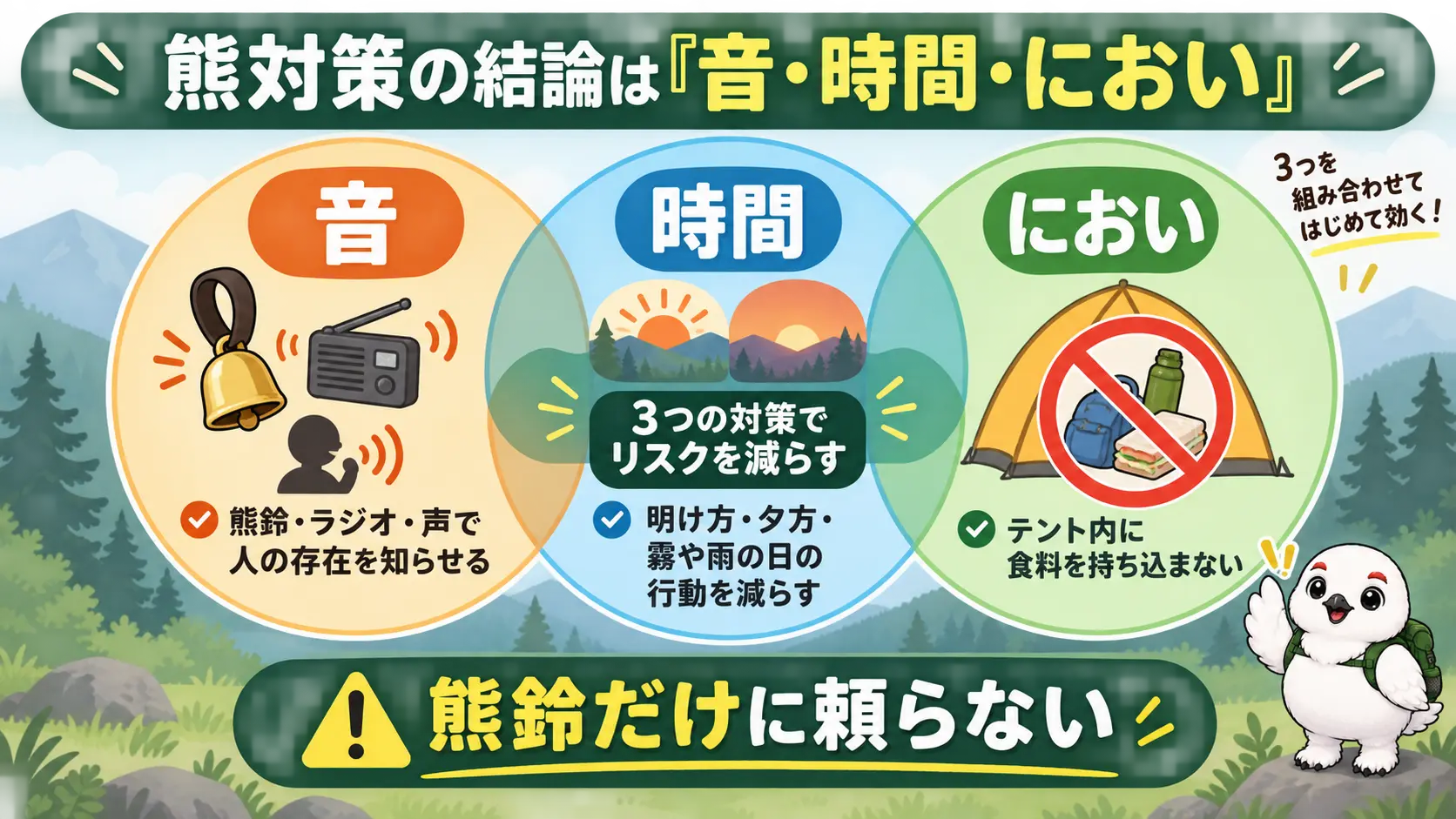 熊対策の3つの柱である音・時間・においを丸いアイコンで示した図