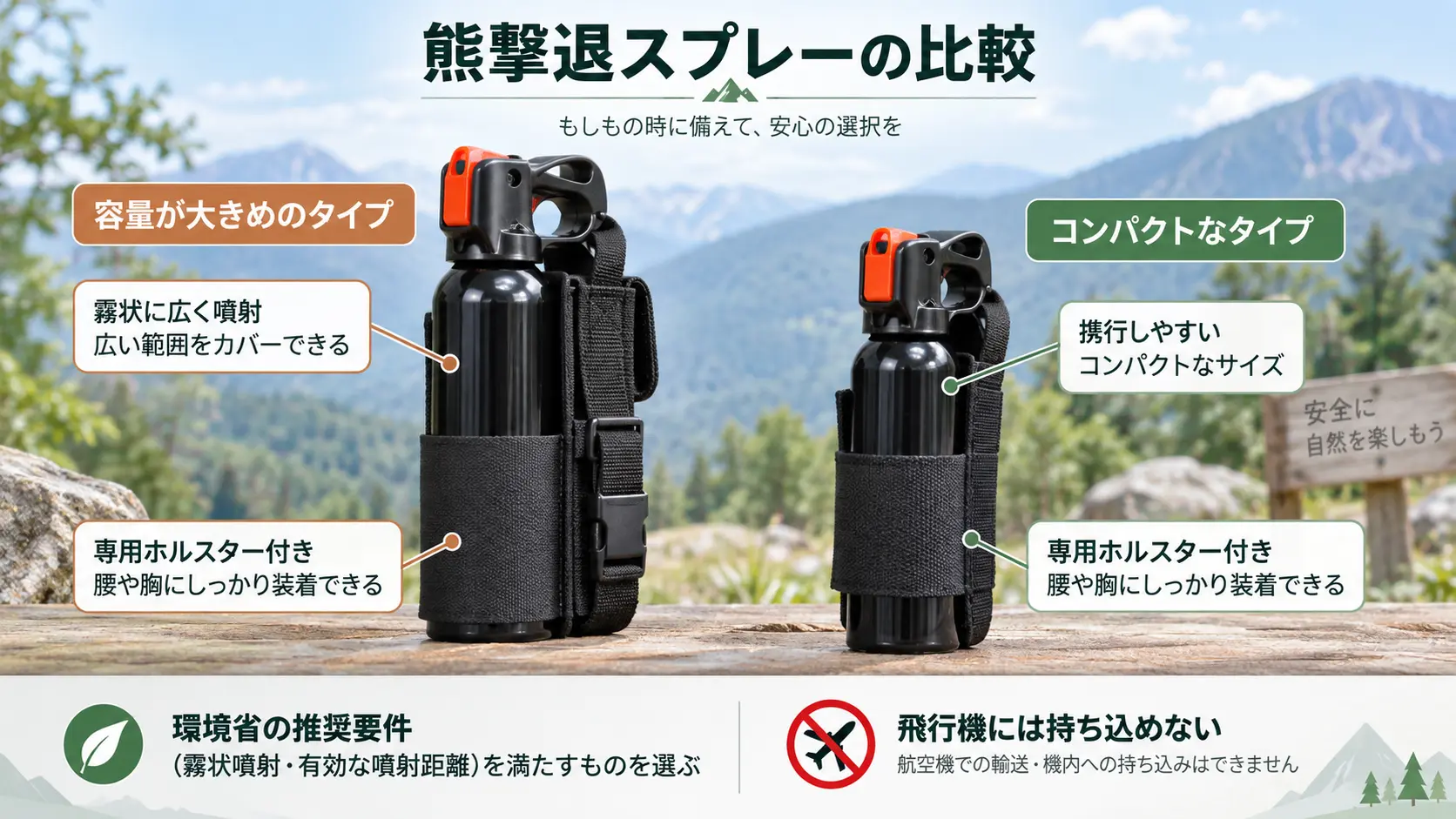 2種類の熊スプレーを並べてホルスターの付け方や容量タイプの違いを比較したもの