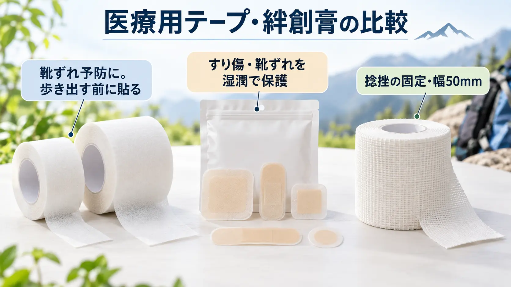 靴ずれ予防の紙テープとハイドロコロイド絆創膏、捻挫固定用の伸縮テープを並べて特徴を注釈した図