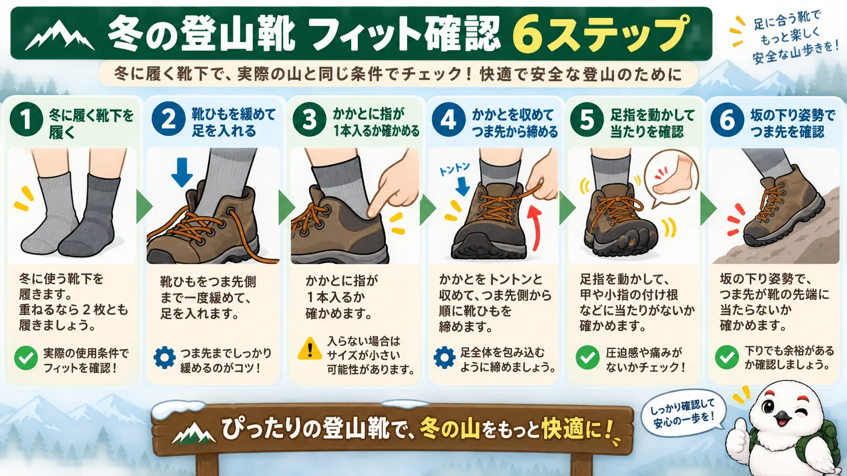 冬用の靴下を履いた状態で登山靴のフィットを確かめる6つの手順を示したチェックリスト図