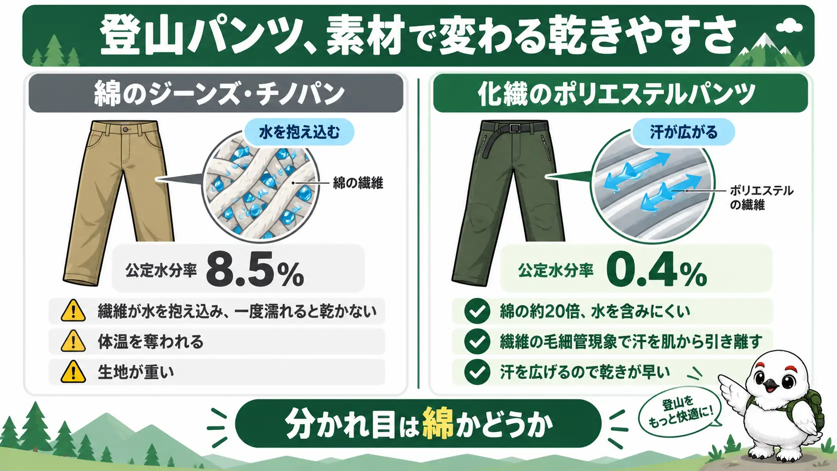 綿のジーンズと化繊ポリエステルパンツを左右で比べた図。綿は公定水分率8.5%で濡れると乾かず重くなる、ポリエステルは公定水分率0.4%で毛細管現象により汗を素早く拡散し速乾する、約20倍の差があることを示す
