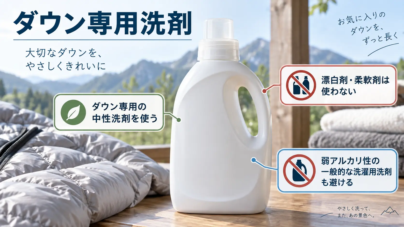 ダウン専用洗剤のボトルの実物と、漂白剤・柔軟剤を使わないという注意点を示す注釈