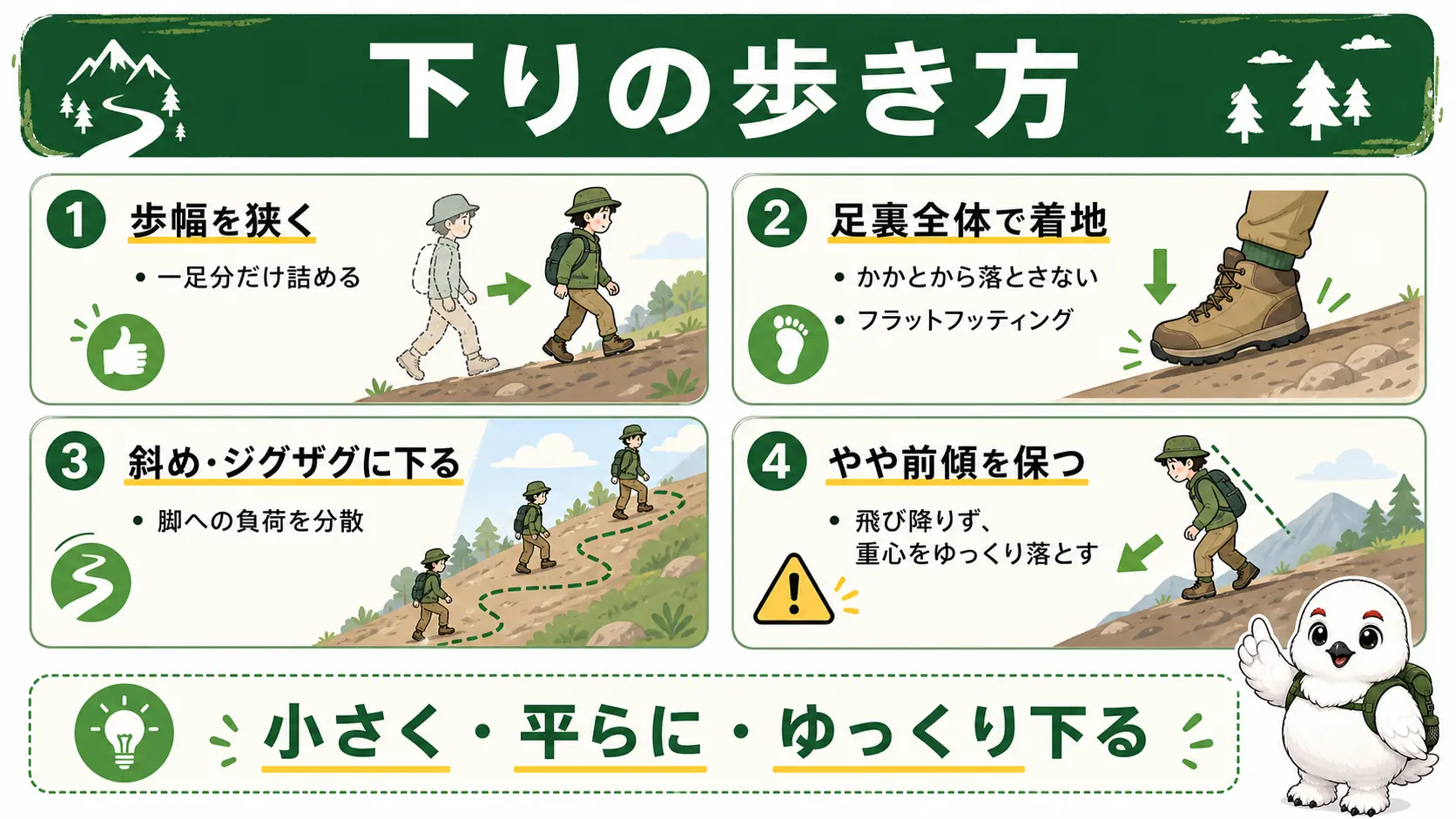 歩幅を狭くする・足裏全体で着地する・斜めに下る・前傾を保ち飛び降りないという下りの歩き方4つのポイントを示した図解