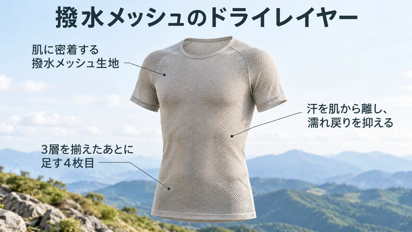 肌に密着する撥水メッシュ素材のドライレイヤーインナーシャツの実物と、汗を肌から離す仕組みを示す日本語の注釈