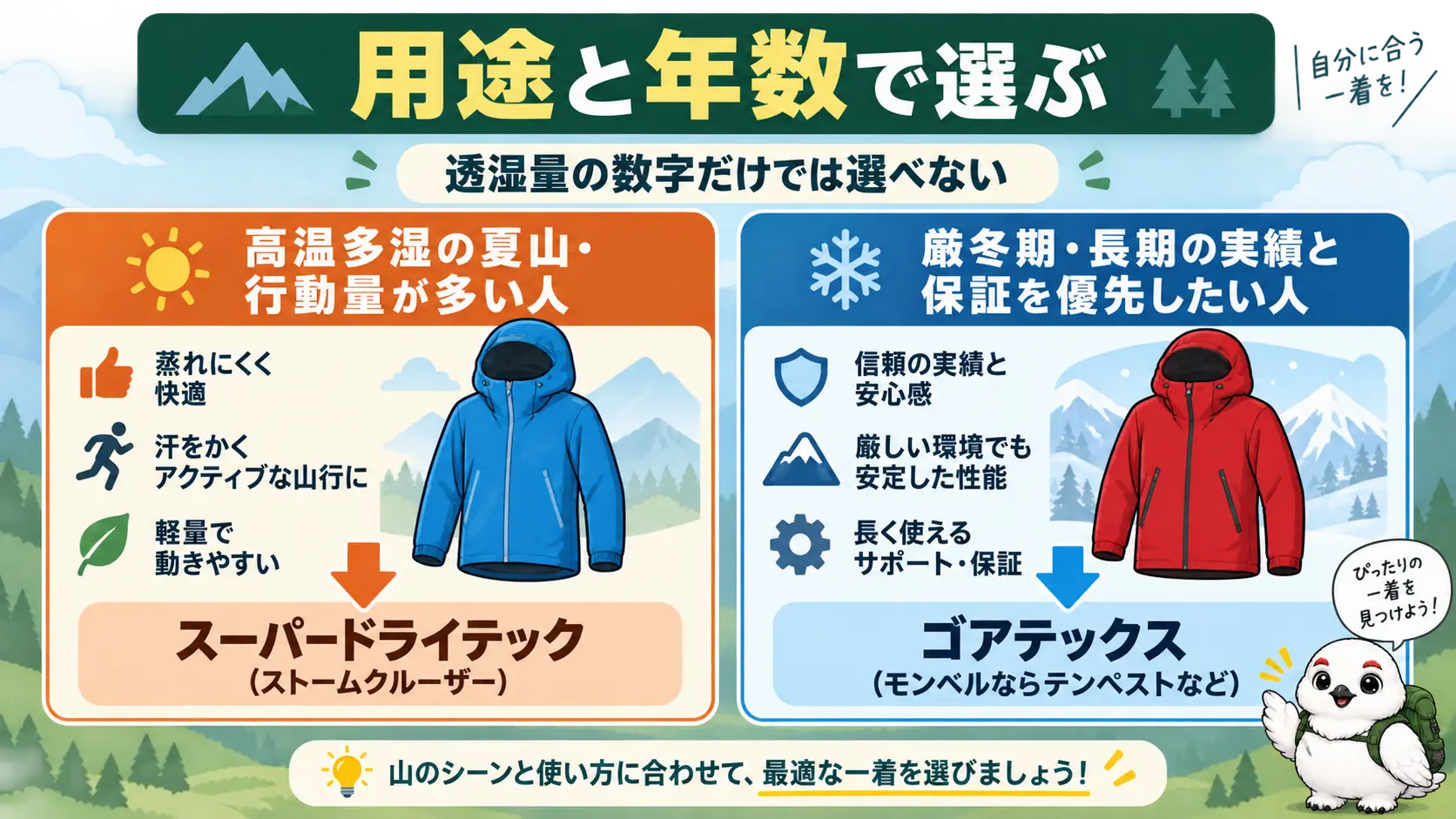 夏山で行動量が多い人にはスーパードライテック、厳冬期や長期の実績・保証を優先する人にはゴアテックスを勧める使い分けを示した図