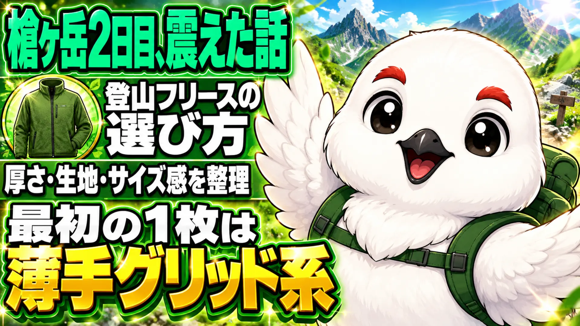 薄手グリッドフリースを着た登山者と、厚さ・生地・サイズ感の選び方のポイント