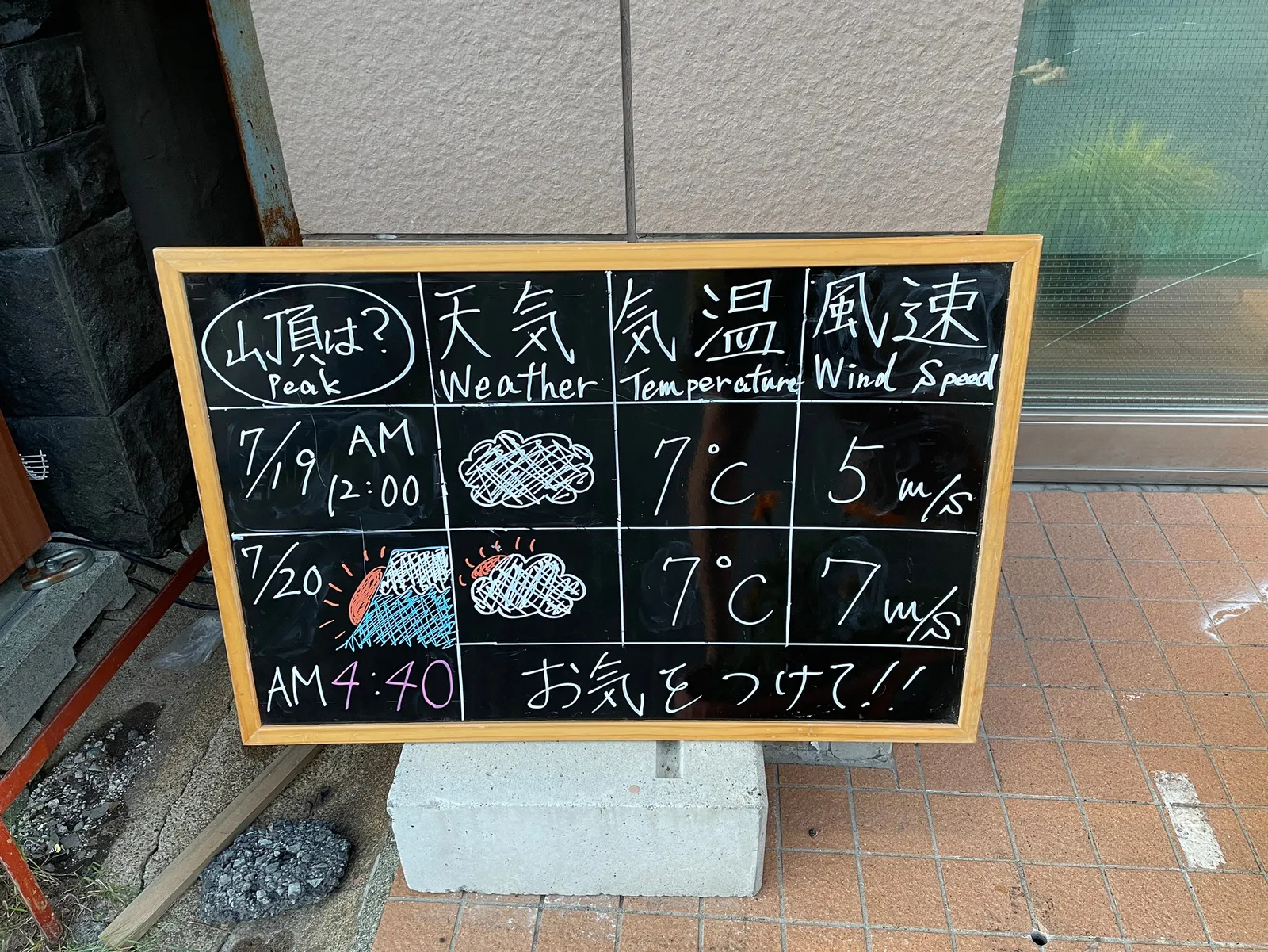 富士山頂の天気掲示板に「7/19 くもり 7℃」と表示され、真夏でも山頂は7度まで下がることを示す写真