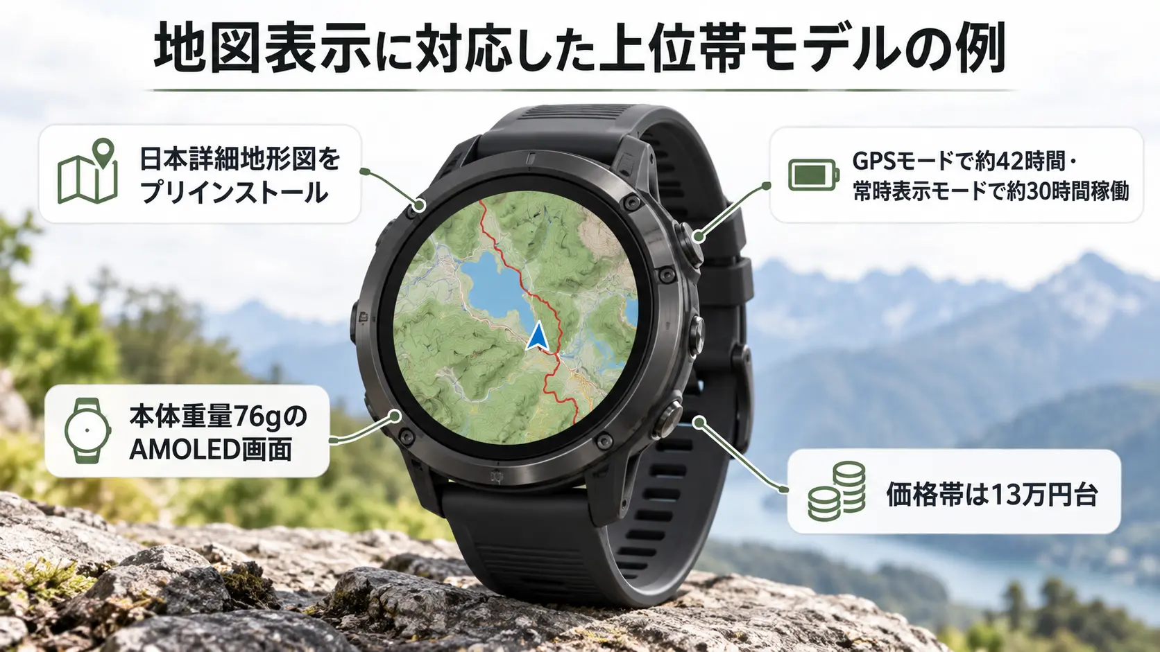 地図表示に対応した上位帯のGPSウォッチの代表例。日本詳細地形図をプリインストールし、GPSモードで約42時間稼働、重量76gのAMOLEDモデルという特徴を注釈で示した図