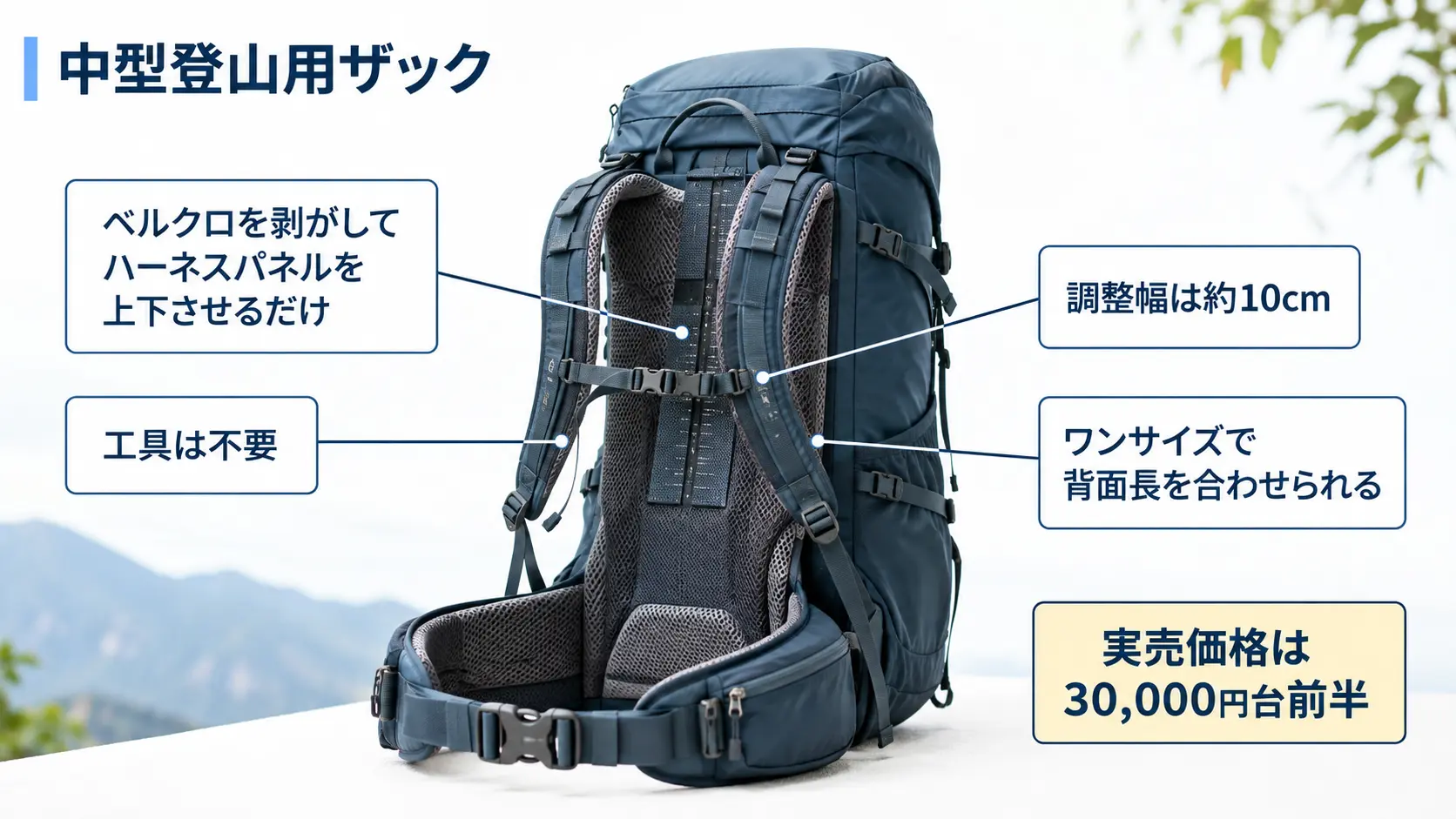 背面パネルをベルクロで上下させて背面長を約10cmの範囲で調整できる中型ザックの仕組みと価格帯の目安