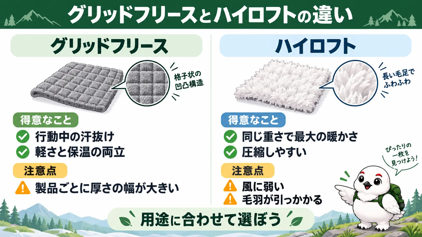 グリッドフリースとハイロフトフリースを比較し、それぞれの得意なことと注意したい点を左右に並べた図解