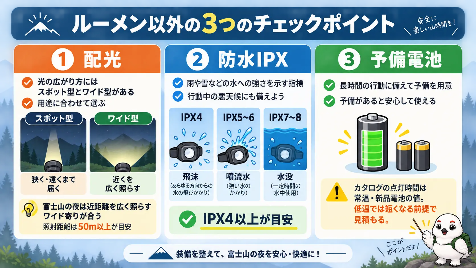 ヘッドライト選びでルーメン以外に見るべき配光・防水IPX4以上・予備電池の3つの要点をまとめた図