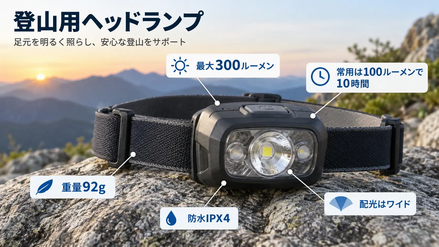 ヘッドランプの実物に最大300ルーメン・常用100ルーメンで10時間・重量92g・防水IPX4という条件を注記した商品説明の画像
