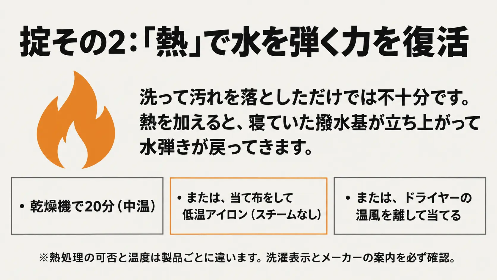 掟その2:「熱」を加えて水を弾く力を復活 乾燥機や低温アイロン、ドライヤーの温風で撥水性を回復させる3つの方法と、洗濯表示の確認を促す注意