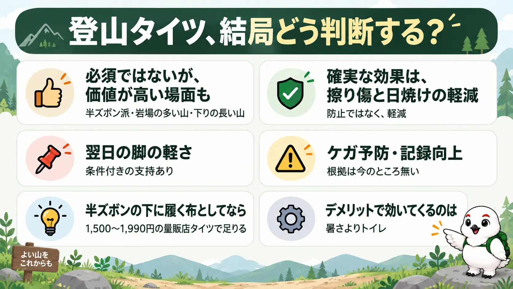 登山タイツは必須ではないが半ズボン派・岩場の多い山・下りの長い山では価値が高いことなど記事全体の要点をまとめた図