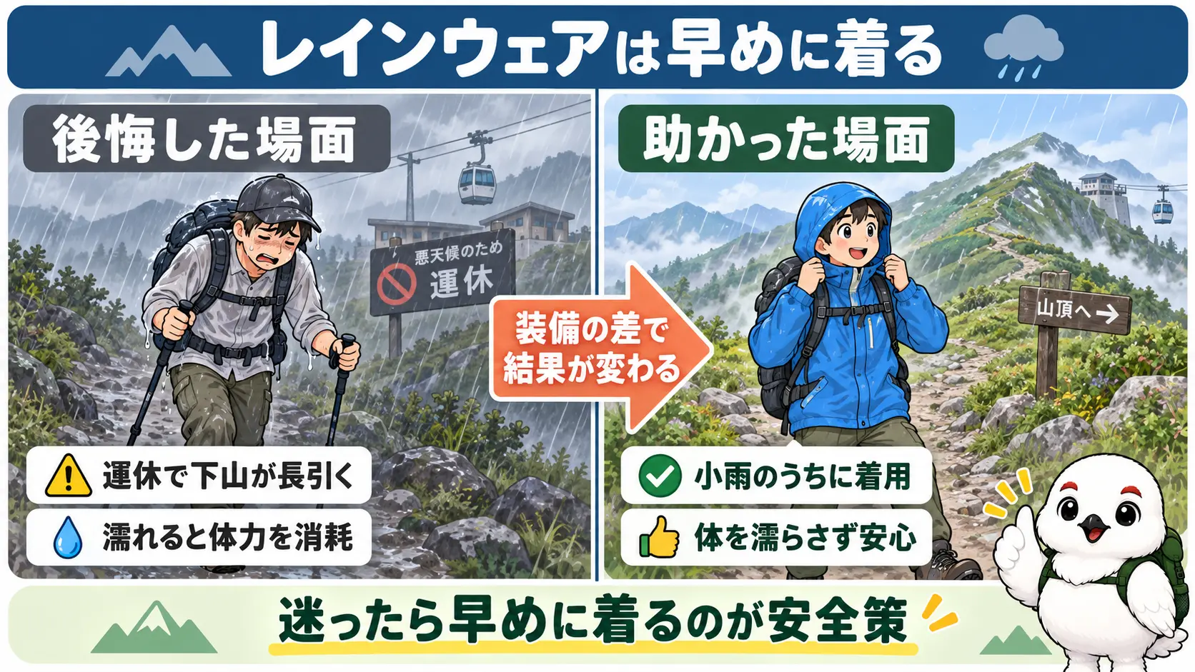 天候悪化でリフトやケーブルカーが運休し濡れたまま長時間歩いて下山した後悔の場面と、稜線に出る前や小雨のうちにレインウェアを着て濡れずに済んだ助かった場面を対比するイラスト