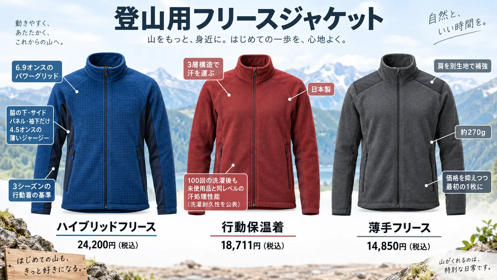 パタゴニアR1ジャケット、ファイントラック ドラウトセンサージャケット、ザ・ノース・フェイス マウンテンバーサマイクロジャケットの3モデルの特徴・価格を並べて比較した図