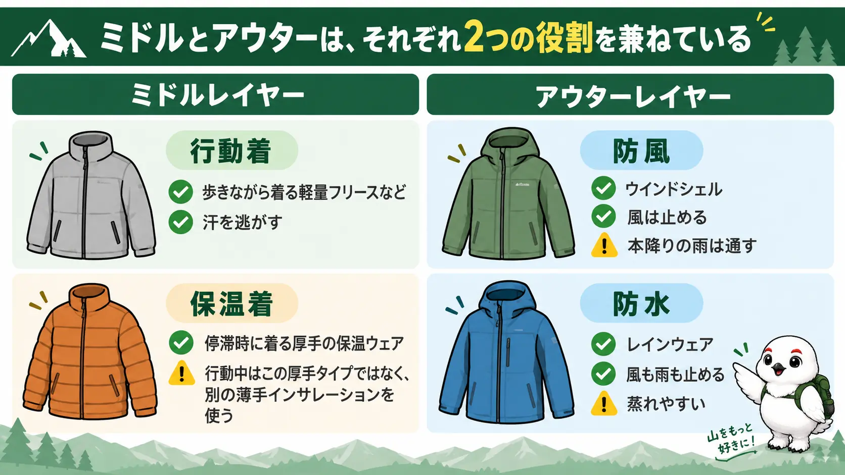 ミドルレイヤーが行動着と保温着に、アウターレイヤーが防風と防水にそれぞれ分かれることを2×2のマトリクスで示した図解