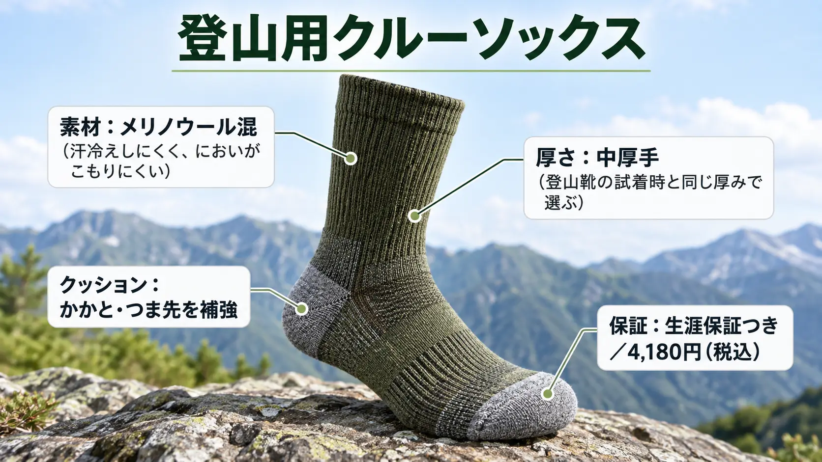 中厚手のメリノウール混素材でかかととつま先にクッションを備えた登山用クルーソックスに、厚さ・素材・保証の特徴を注釈したイメージ
