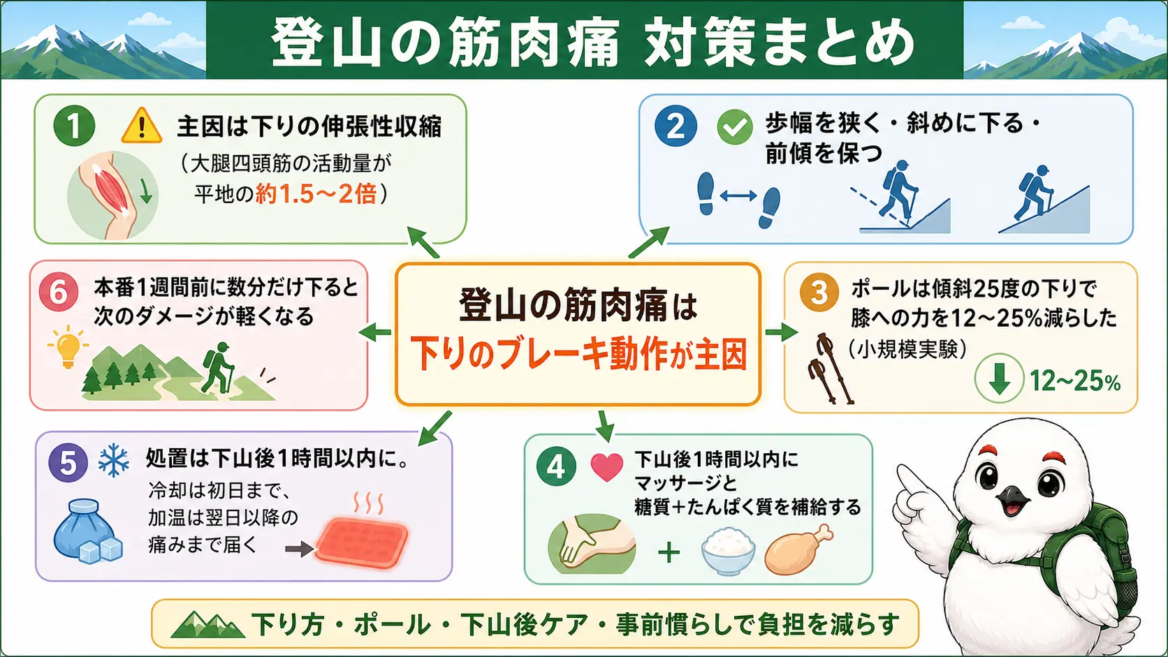 登山の筋肉痛予防と回復の要点を、下りの歩き方・ポール・下山後のケア順・準備タイミングとしてまとめた俯瞰図