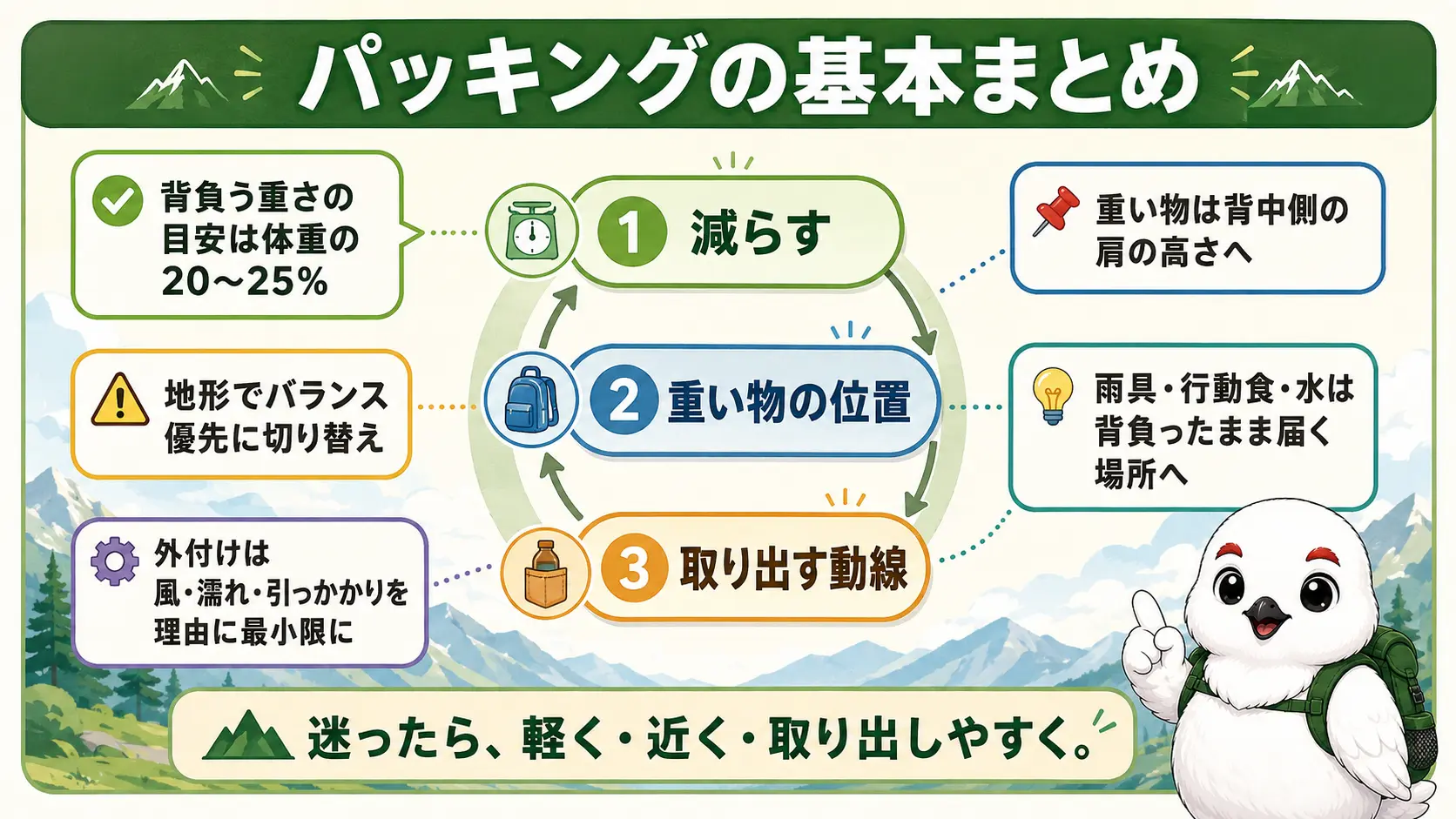 登山ザックのパッキングの要点を1枚にまとめた図。減らす→重い物の位置→取り出す動線の順番と、体重の20〜25%という荷重目安を示している