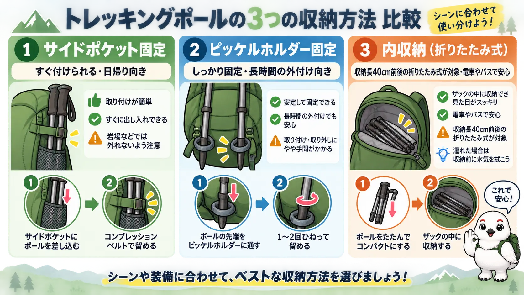 サイドポケット固定、ピッケルホルダー固定、ザック内収納という3つのトレッキングポール収納方式を並べて特徴を比較した図
