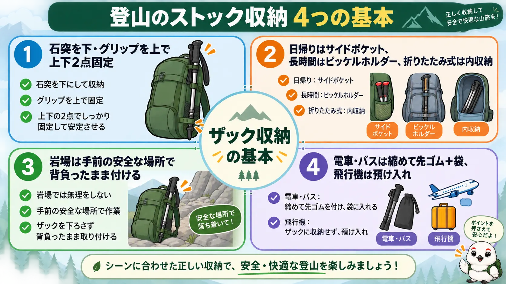 トレッキングポールのザック収納について、基本の向きと留め方、場面別の固定方式、交通機関での持ち運び方の要点を1枚にまとめた図