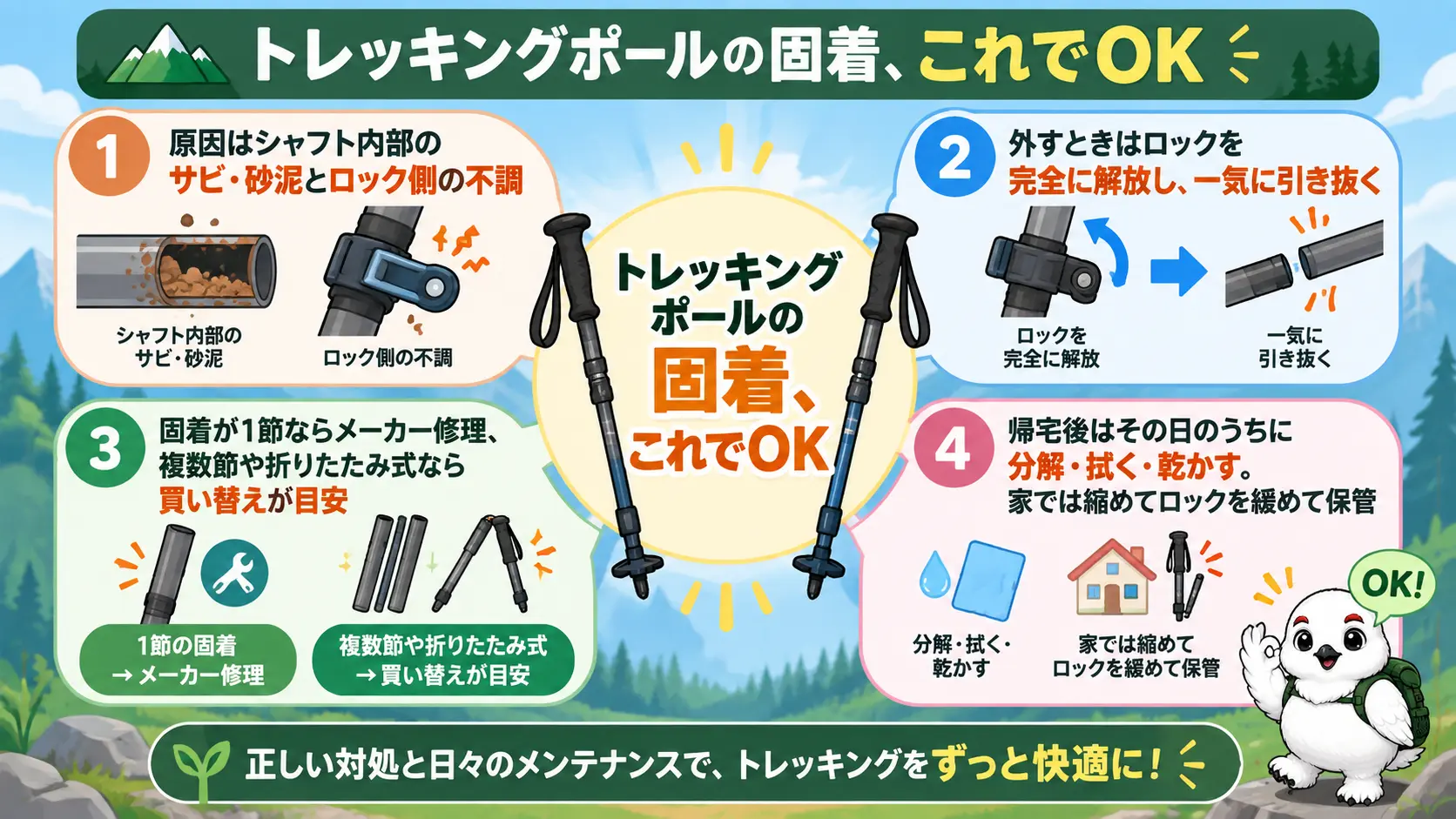 トレッキングポールの固着について、原因、壊さない外し方、修理と買い替えの目安、帰宅後の保管ルールを1枚にまとめた要点図解