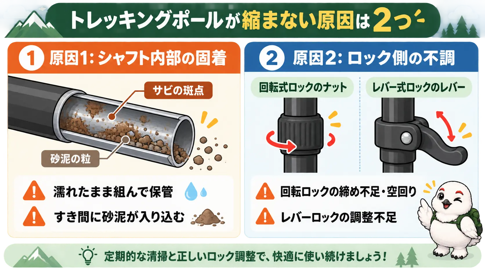 トレッキングポールが縮まない原因を、シャフト内部のサビと砂泥による固着、ロック機構側の不調の2パターンに分けて対比した図解