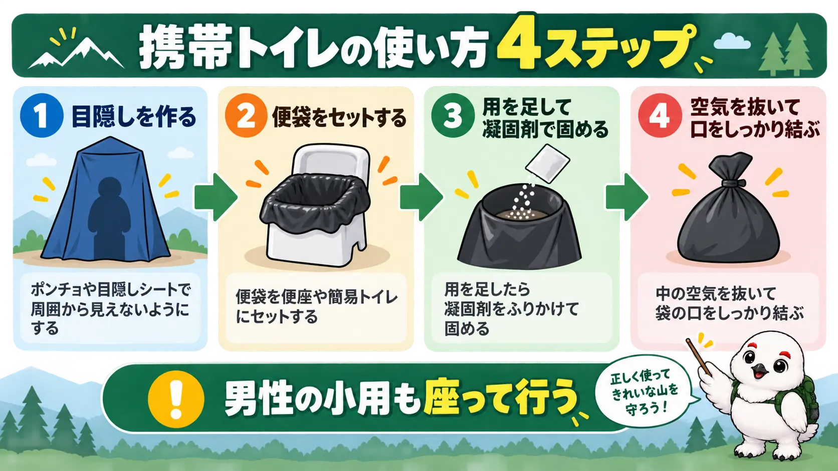 携帯トイレを使う手順を、目隠しの確保から便袋のセット、凝固、口を結ぶまで4つの順に並べた流れ図