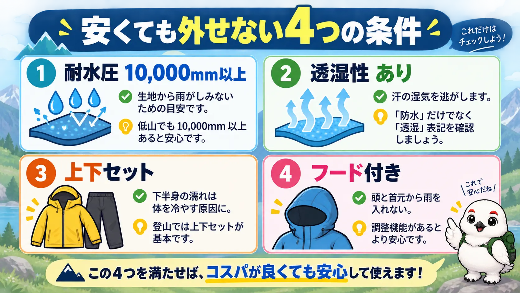 登山用レインウェアを安く選ぶときの4条件、耐水圧10,000mm以上・透湿性・上下セット・フードをまとめたチェックリスト