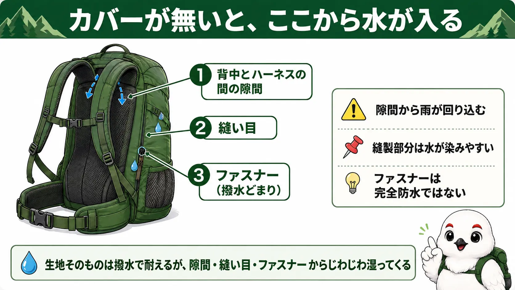 カバー無しの登山ザックに雨が入り込む3つの弱点、背面とハーネスの隙間・縫い目・ファスナー部分を示した図解