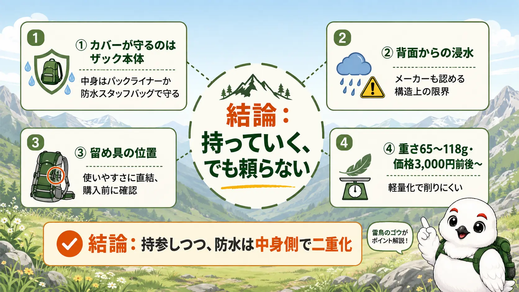 レインカバーは持つが頼らない、という記事全体の結論と要点4つをまとめた図解