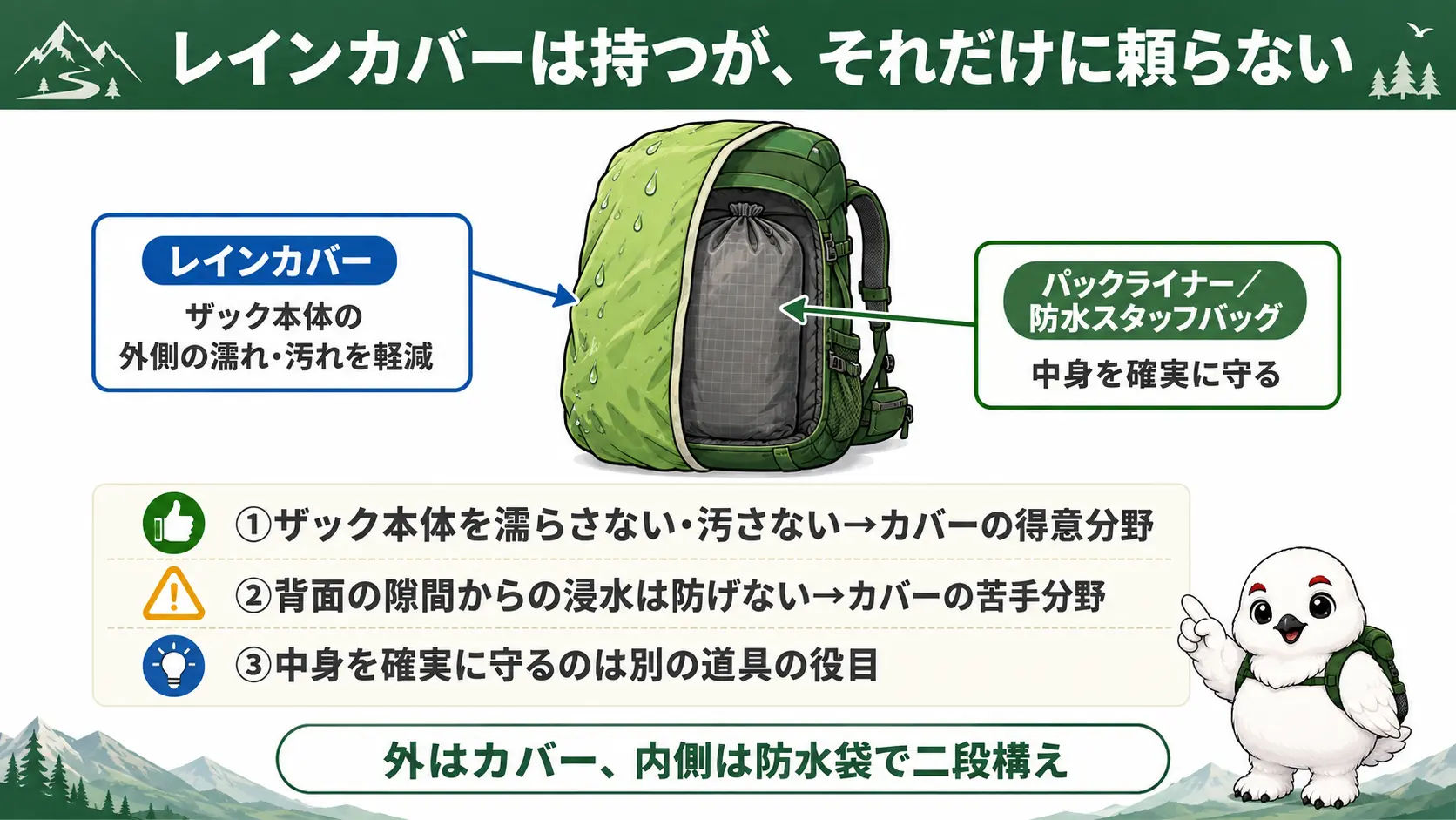 ザック本体の外側をレインカバーで、中身を防水スタッフバッグで守る二段構えの防水の仕組みを示した図解