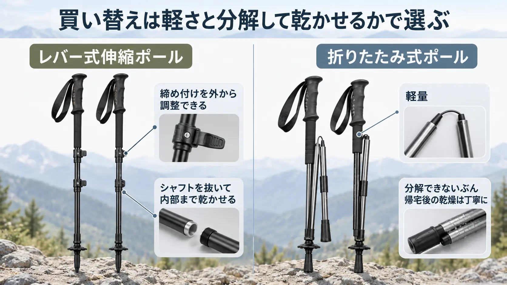 買い替え候補として、締め付けを外から調整できるレバー式伸縮ポールと、軽量な折りたたみ式ポールを並べ、それぞれの特徴を注釈で示した比較