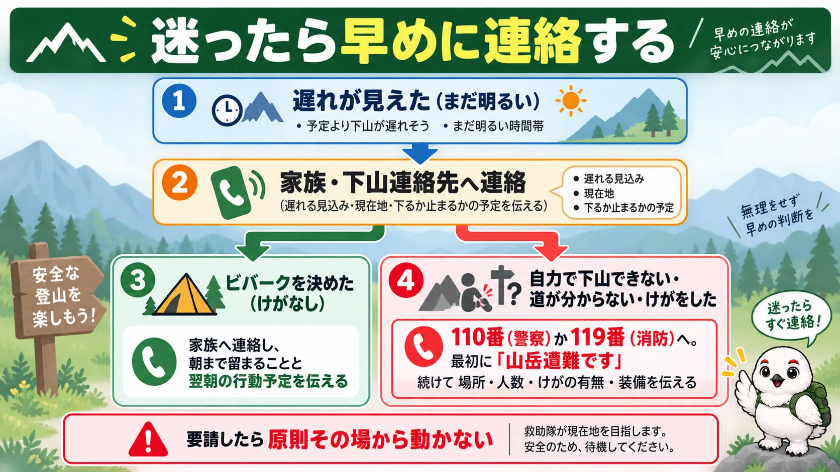 遅れが見えた時点で家族へ、自力で下りられない時点で110番か119番へ連絡するという判断フロー