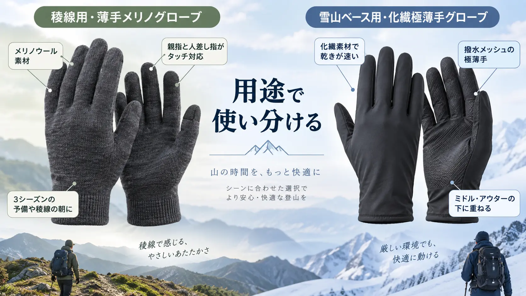 稜線用の薄手メリノ手袋と雪山のベース用に使う化繊の極薄手グローブを並べて、タッチ対応や重さなどの特徴を注釈で比較したイメージ