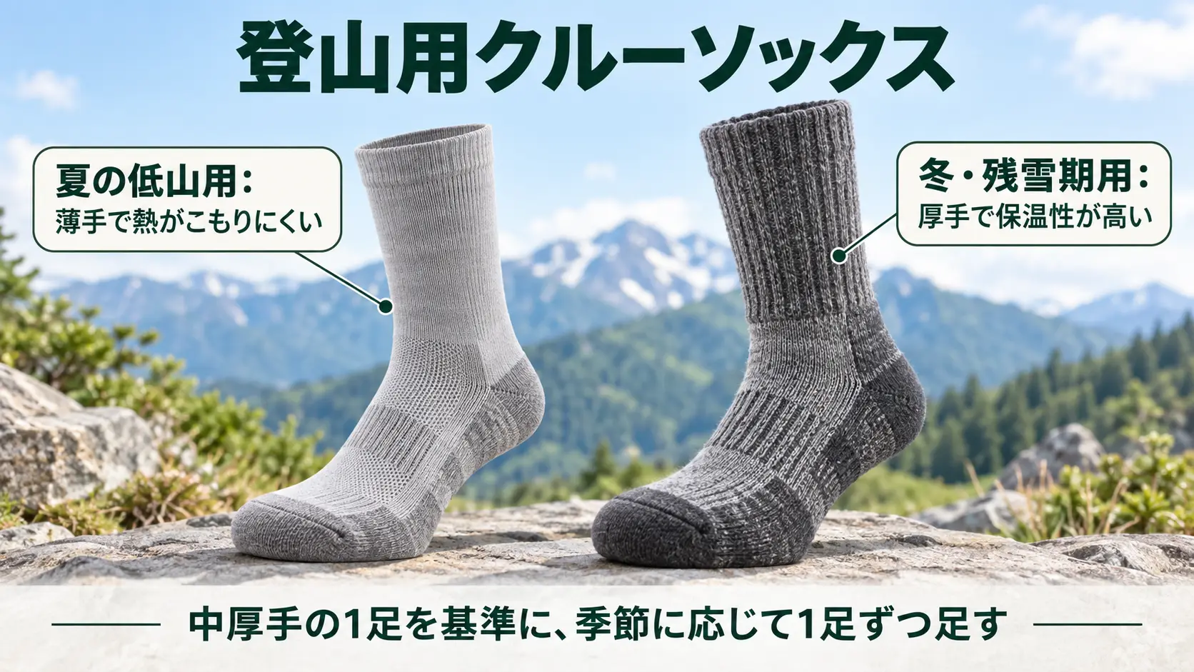 中厚手の登山用靴下を基準に、夏は薄手・冬は厚手を1足ずつ足す組み合わせを示した比較イメージ