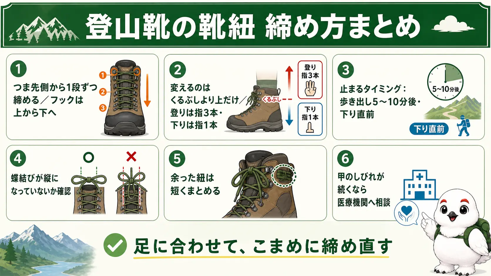 登山靴の靴紐の締め方と締め分け、ほどけない結び方の要点を1枚にまとめた図解